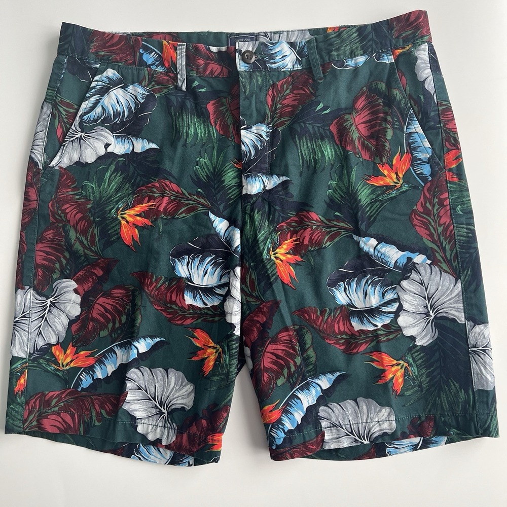 Gap Mens 37 Lived In Khaki Shorts Tropical Floral Bird of Paradise Green Cotton